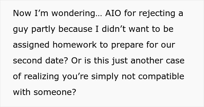 Reddit text discussing compatibility issues and rejecting a date over homework before date two Reddit text discussing compatibility issues and rejecting a date over homework before date two