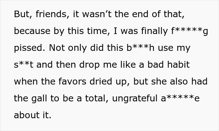 Text detailing how a fake friend used a woman's kindness and became ungrateful.
