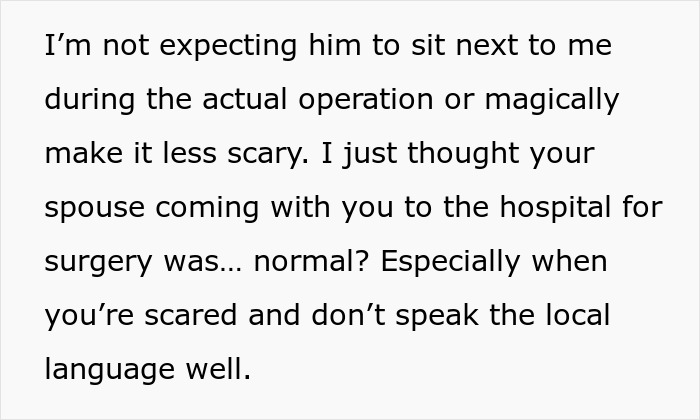 Text discussing spouse accompanying to hospital for surgery amid language fear Text discussing spouse accompanying to hospital for surgery amid language fear