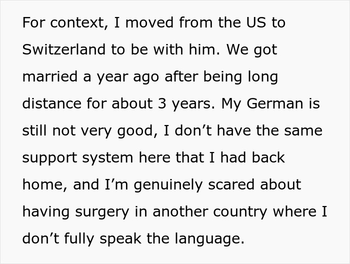 Text about moving to Switzerland and fearing surgery due to language barrier Text about moving to Switzerland and fearing surgery due to language barrier