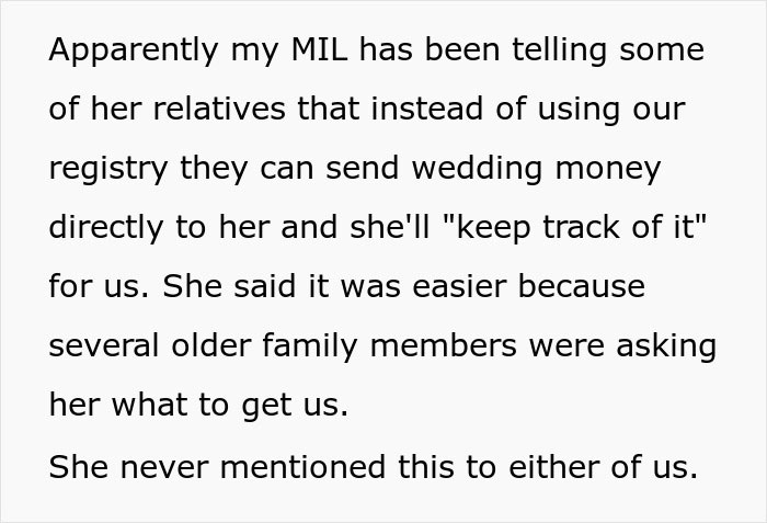 A post explaining how a MIL asked wedding guests to send money to her directly. A post explaining how a MIL asked wedding guests to send money to her directly.