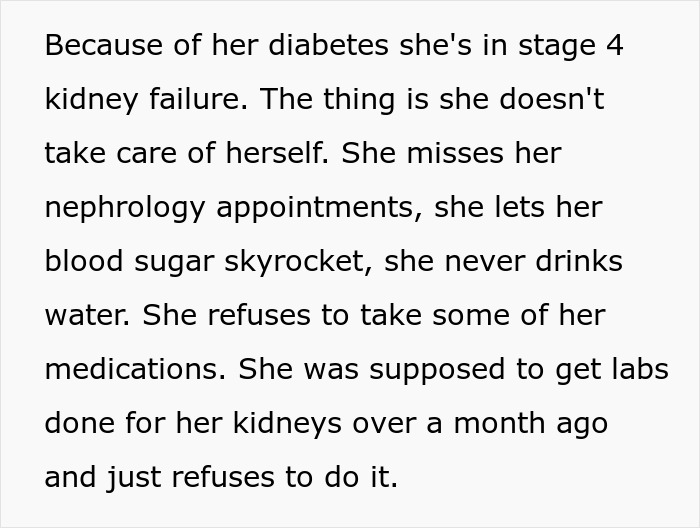 Screenshot explaining the toxic mom's stage 4 kidney failure due to her neglect of health and refusal of medication.
