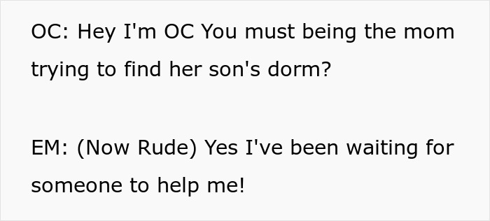 Text of mom being rude while asking older cousin for help locating son's dorm