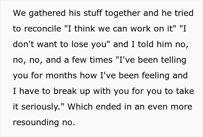 Text post explaining a woman refusing to reconcile with her jobless BF.
