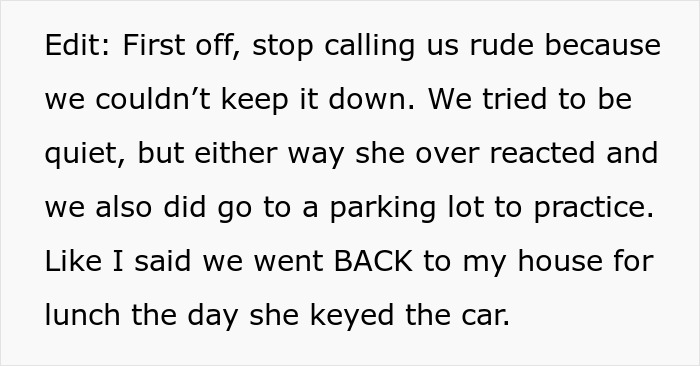 The text discusses a keyed car incident, noting the police were not on Karen's side.