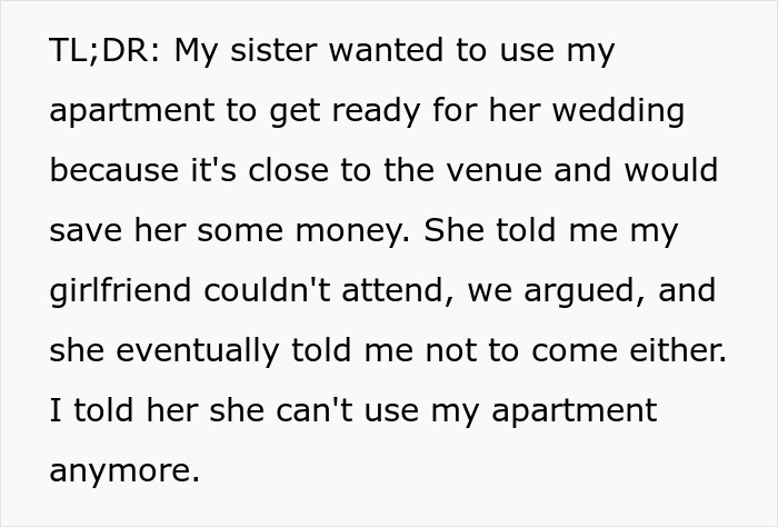 A screenshot showing text about a bride who hates sibling's girlfriend and their wedding refusal. A screenshot showing text about a bride who hates sibling's girlfriend and their wedding refusal.