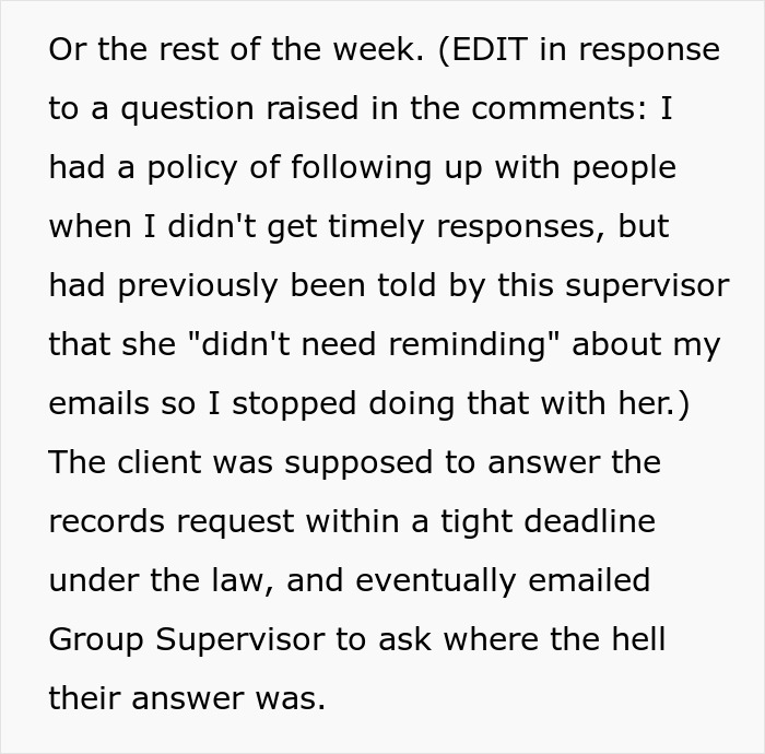 Text explaining how supervisors made an employee look bad by not responding to records requests. Text explaining how supervisors made an employee look bad by not responding to records requests.