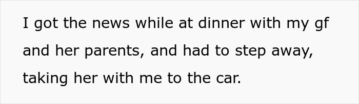 Text describing the boyfriend receiving news while at dinner with his girlfriend and her parents and leaving to ruin reputation. Text describing the boyfriend receiving news while at dinner with his girlfriend and her parents and leaving to ruin reputation.