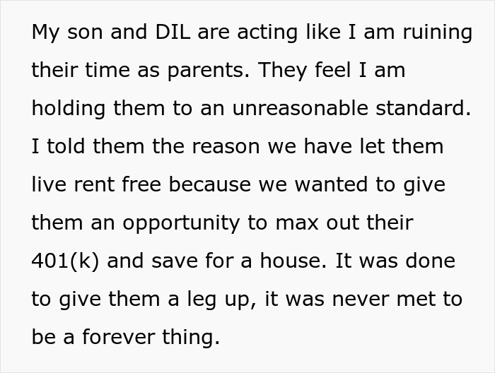 Text explaining parents' intention for free housing was to save, not enable a freeloading plan for their son.