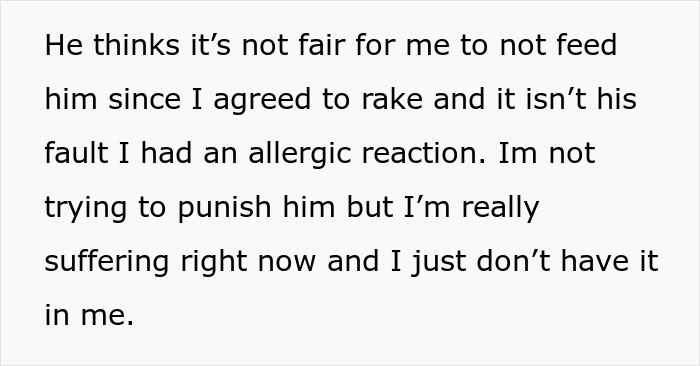Woman explains her decision to not cook for her husband, as he believes it's unfair after her allergic reaction.