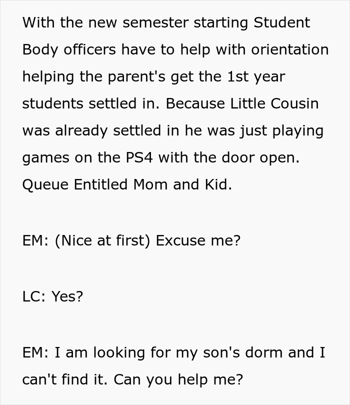 Text describing a mom and kid asking for help finding son's dorm during orientation