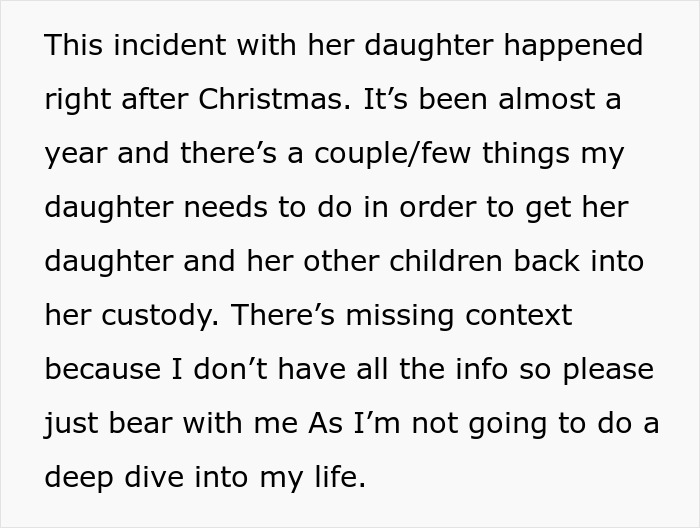 Text about the daughter needing to fulfill requirements to regain custody of her children. Text about the daughter needing to fulfill requirements to regain custody of her children.