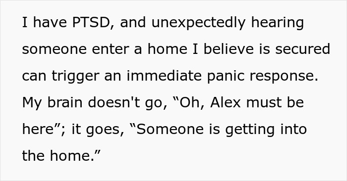 Wife describes panic response from unexpected home entry, detailing her PTSD triggered by her husband's son. Wife describes panic response from unexpected home entry, detailing her PTSD triggered by her husband's son.