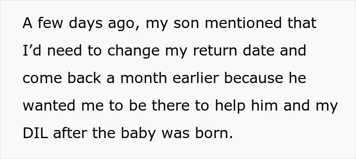Text stating the son wants MIL to change her travel plans for the DIL and newborn. Text stating the son wants MIL to change her travel plans for the DIL and newborn.