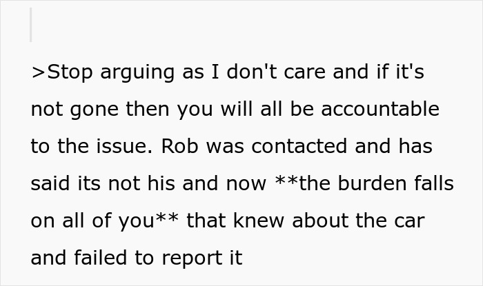 Screenshot of text regarding landlord issue over a car and deposit. Burden falls on tenants for not reporting. Screenshot of text regarding landlord issue over a car and deposit. Burden falls on tenants for not reporting.