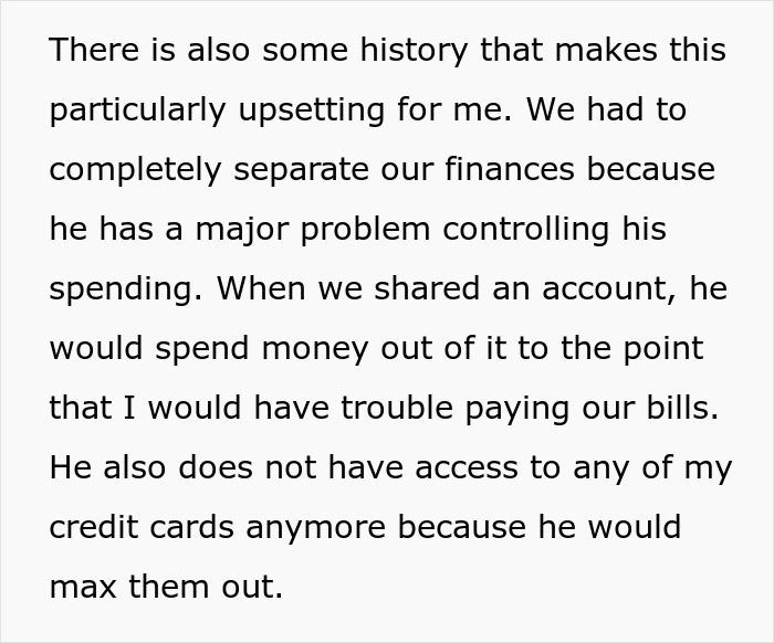 Text describing separating finances due to husband's spending problems and maxed-out credit cards.