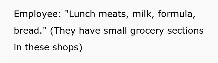 Text bubble: Employee lists items wheelchair-bound teen is accused of stealing: lunch meats, milk, formula, bread. Text bubble: Employee lists items wheelchair-bound teen is accused of stealing: lunch meats, milk, formula, bread.