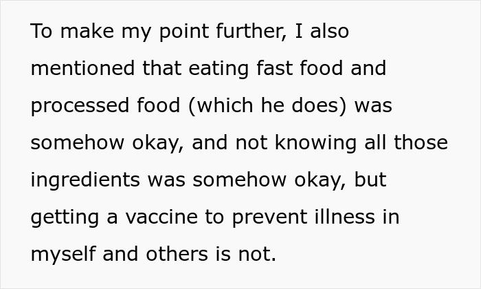 Text explaining a nurse's argument comparing fast food ingredients to vaccines. Text explaining a nurse's argument comparing fast food ingredients to vaccines.