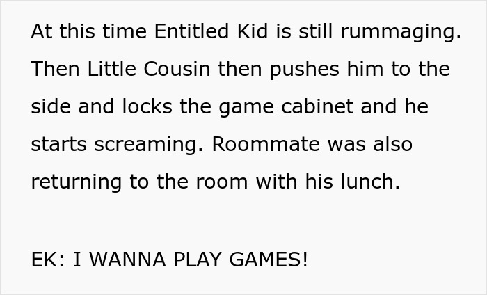 Text about entitled kid screaming after game cabinet locked by little cousin