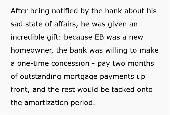 Text about the bank offering a concession for a new homeowner, paying two months of mortgage payments. Text about the bank offering a concession for a new homeowner, paying two months of mortgage payments.