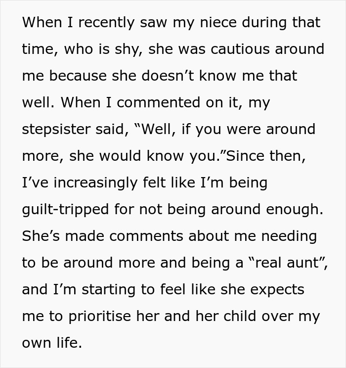 Screenshot of an online post where a woman feels guilt-tripped for not being a real aunt.