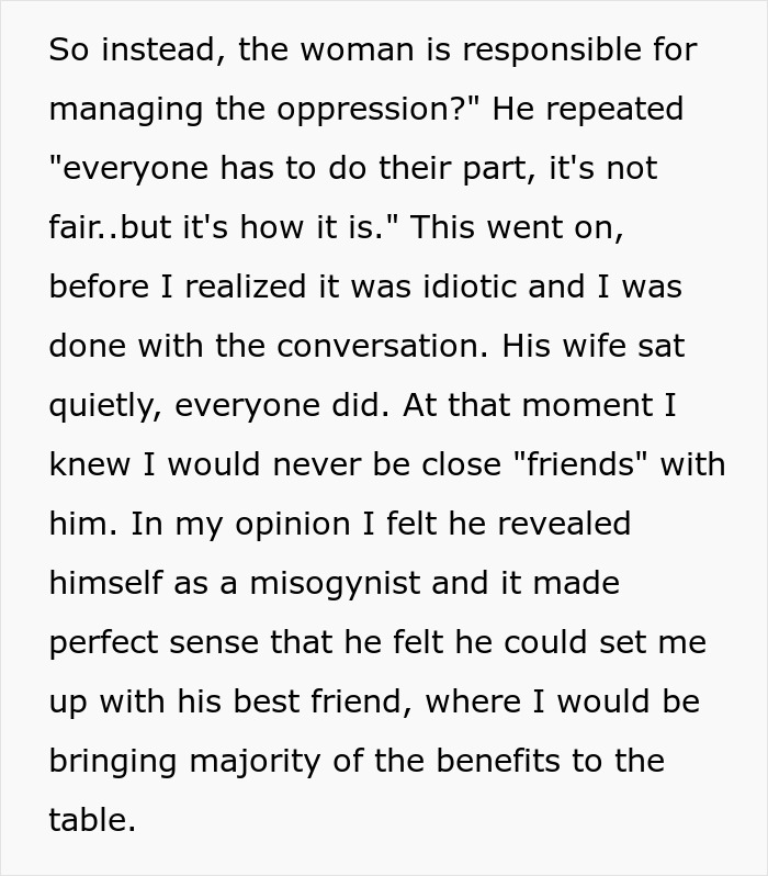 Text where a friend reflects on the guy's misogynistic views about his buddy needing a hot GF and a weight-loss coach. Text where a friend reflects on the guy's misogynistic views about his buddy needing a hot GF and a weight-loss coach.