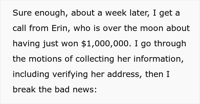 Text detailing a call from Erin about winning money, setting up the petty revenge twist. Text detailing a call from Erin about winning money, setting up the petty revenge twist.