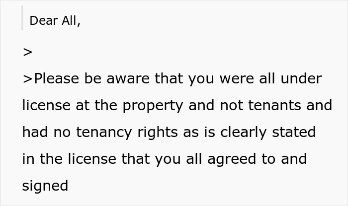 Screenshot of an email to tenants about not having tenancy rights, relevant to a landlord car dispute. Screenshot of an email to tenants about not having tenancy rights, relevant to a landlord car dispute.