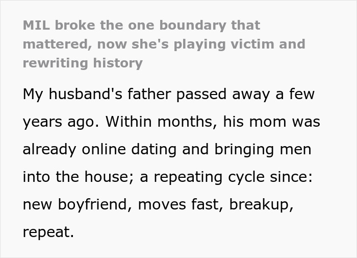 Text explaining MIL playing victim after breaking boundaries and bringing new boyfriend around. Text explaining MIL playing victim after breaking boundaries and bringing new boyfriend around.