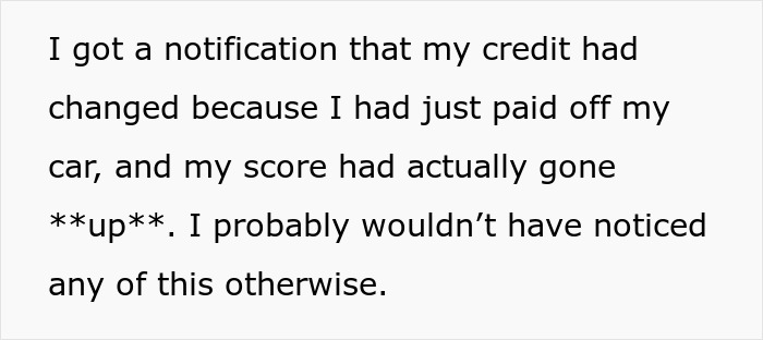 A screenshot of text detailing how a wife received a credit notification, uncovering her husband's spending and misuse of her information.