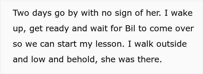 Text snippet: two days pass, then a person finds Karen outside, ready for the lesson, leading to a keyed car incident.