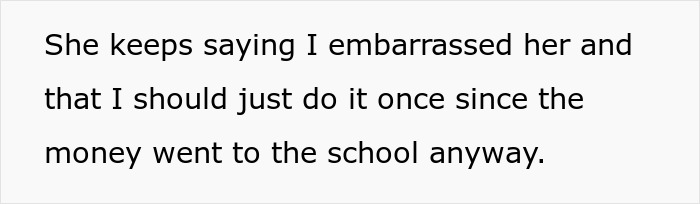 Text about embarrassment and babysitting money from school auction