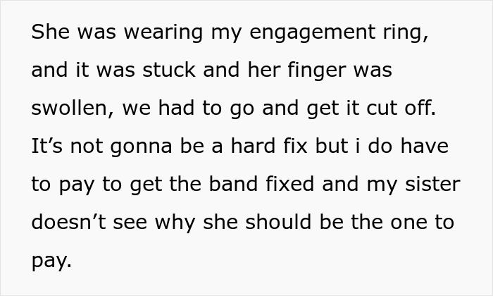 Text explaining a 14YO wearing an aunt's sapphire engagement ring, which got stuck and caused a swollen finger.