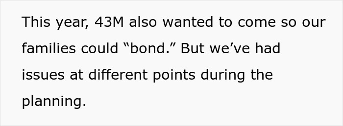 Text snippet: husband wanted families to bond but encountered planning issues for childcare. Text snippet: husband wanted families to bond but encountered planning issues for childcare.
