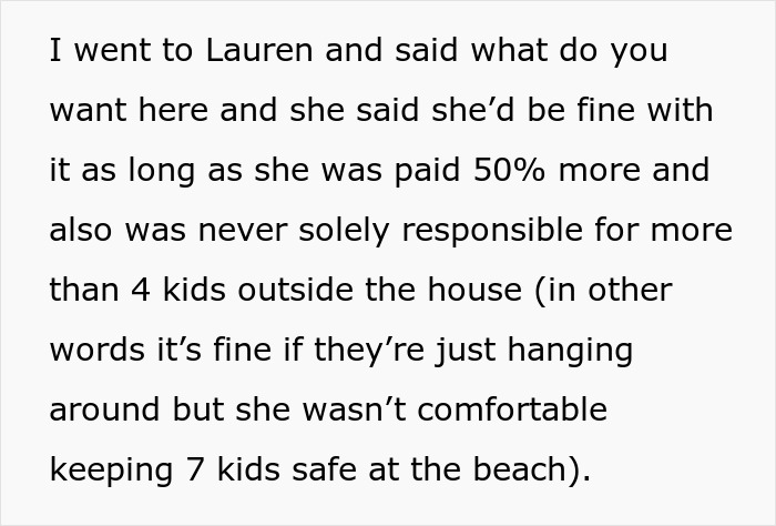 Text explaining a nanny's terms for childcare, increasing pay and limiting kids, for a vacation. Text explaining a nanny's terms for childcare, increasing pay and limiting kids, for a vacation.
