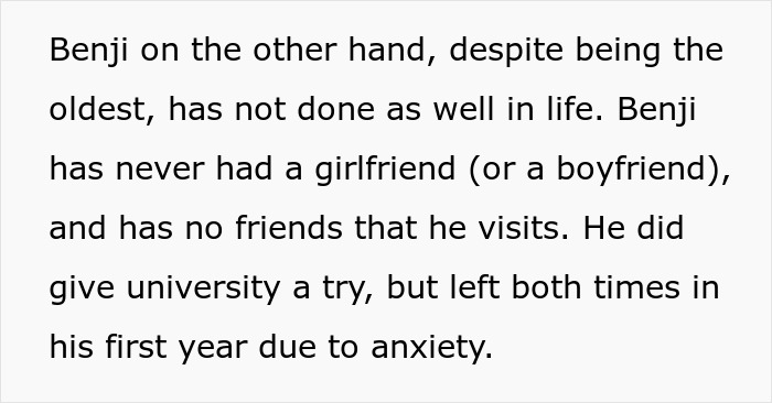 Text detailing Benji's struggles in life, including anxiety, lack of relationships, and leaving university, affecting his inheritance. Text detailing Benji's struggles in life, including anxiety, lack of relationships, and leaving university, affecting his inheritance.