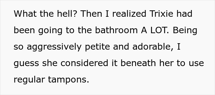 A teen realizes her boyfriend's flirty friend, Trixie, has been frequently using the bathroom and her tampons. A teen realizes her boyfriend's flirty friend, Trixie, has been frequently using the bathroom and her tampons.