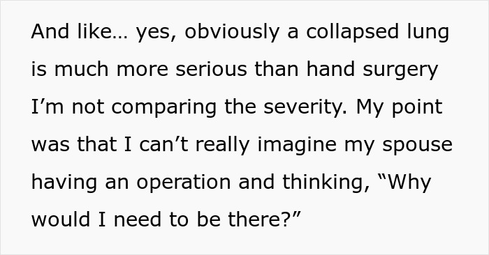 Text about severity comparison mentioning surgery and spouse support during operation Text about severity comparison mentioning surgery and spouse support during operation