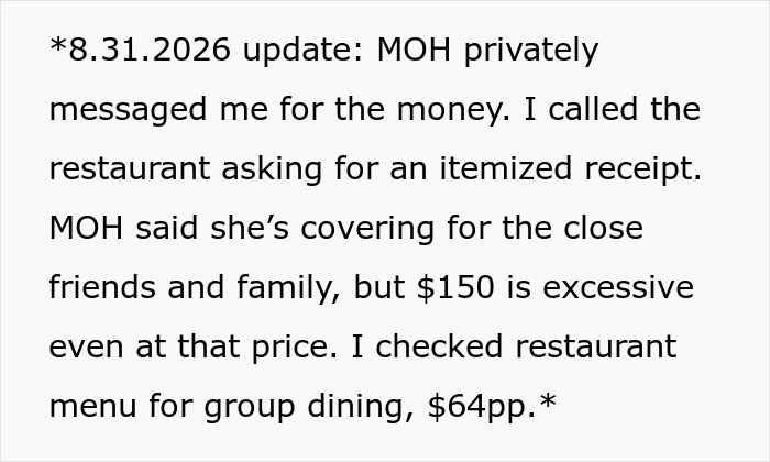 Text snippet: An update detailing how the MOH privately messaged for money, an itemized receipt request, and the $150 bridal shower cost.