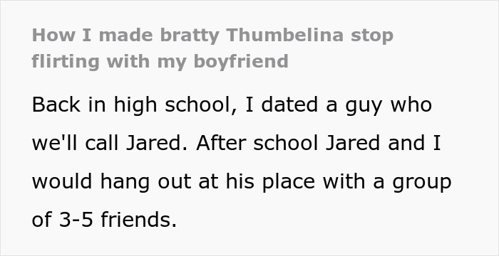 Text snippet describing a teen's plan for petty revenge against her boyfriend's flirty friend. Text snippet describing a teen's plan for petty revenge against her boyfriend's flirty friend.