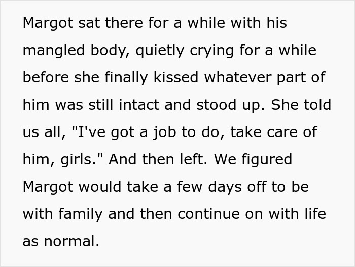 Text snippet showing Margot crying over her cat after dogs attack, then leaving with a purpose. Text snippet showing Margot crying over her cat after dogs attack, then leaving with a purpose.