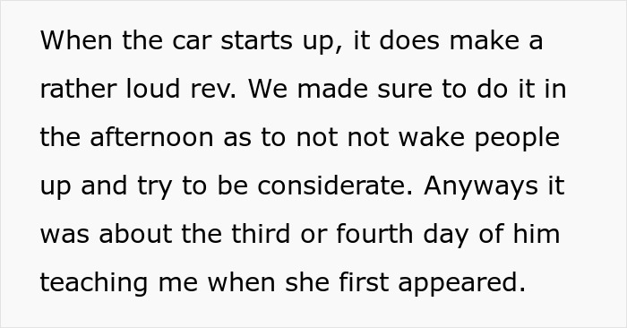 Text explaining a loud car engine and the appearance of a Karen; a dumb Karen loses a lawsuit about a keyed car.