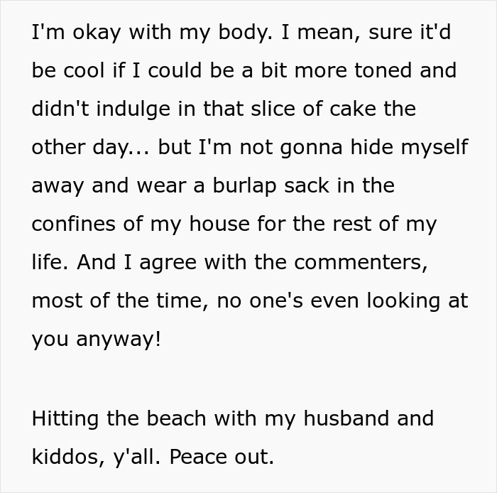 Screenshot of text about a woman's body confidence and going to the beach, despite unsolicited bikini advice. Screenshot of text about a woman's body confidence and going to the beach, despite unsolicited bikini advice.