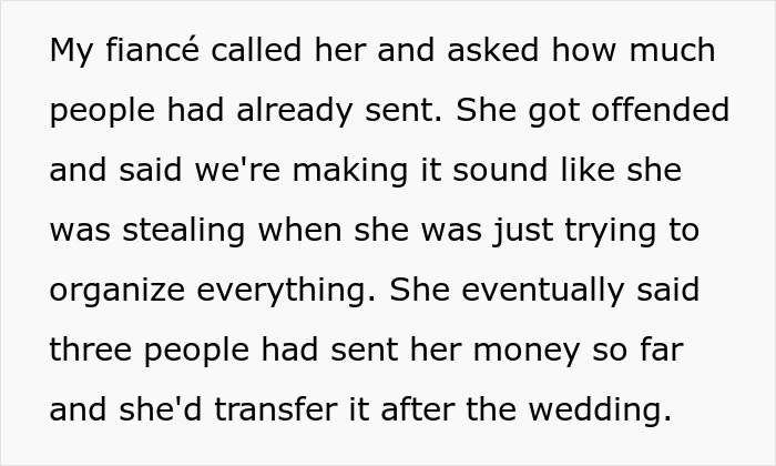Black text on a white background discussing wedding guests sending money to MIL. Black text on a white background discussing wedding guests sending money to MIL.