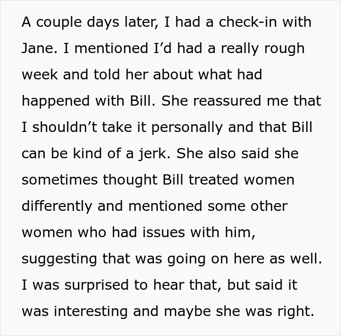 A text slide describing a conversation where a mentor suggested a boss was gender biased A text slide describing a conversation where a mentor suggested a boss was gender biased