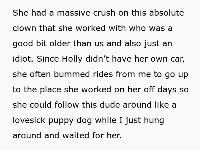 Paragraph of text explaining how a fake friend constantly asked for rides to follow a crush