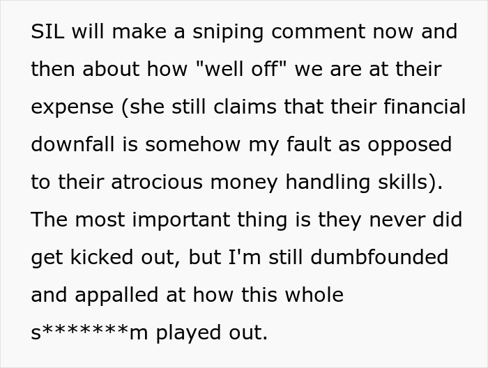 Text snippet: sister-in-law blames her for brother squandering parents' inheritance, mentioning financial downfall and money handling skills. Text snippet: sister-in-law blames her for brother squandering parents' inheritance, mentioning financial downfall and money handling skills.