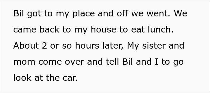 Text bubble about Bil and the narrator going out, then returning home to eat, before being told to look at the keyed car.