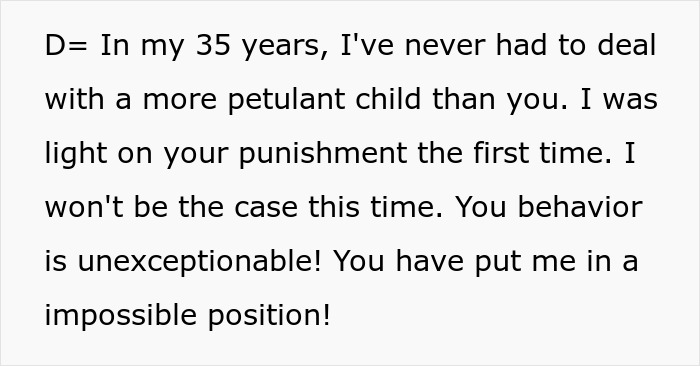 Text dialogue of dean reprimanding entitled kid for bad behavior