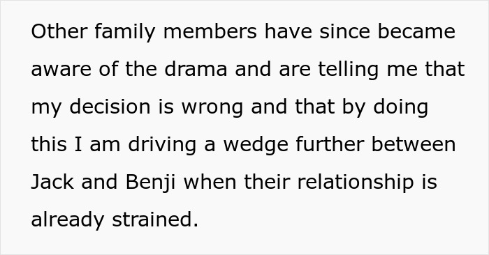 Text stating other family members believe the mother's inheritance decision is wrong, straining brothers' relationship. Text stating other family members believe the mother's inheritance decision is wrong, straining brothers' relationship.
